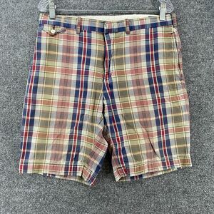 Ralph Lauren Shorts Mens 34 Beige Blue Plaid Flat Front Chino Preppy Casual Golf